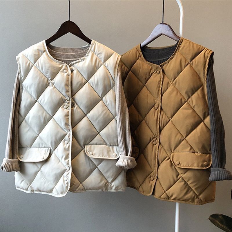 秋冬棉服马甲女短款背心菱形格棉服外套外穿韩版百搭马夹坎肩外套|undefined