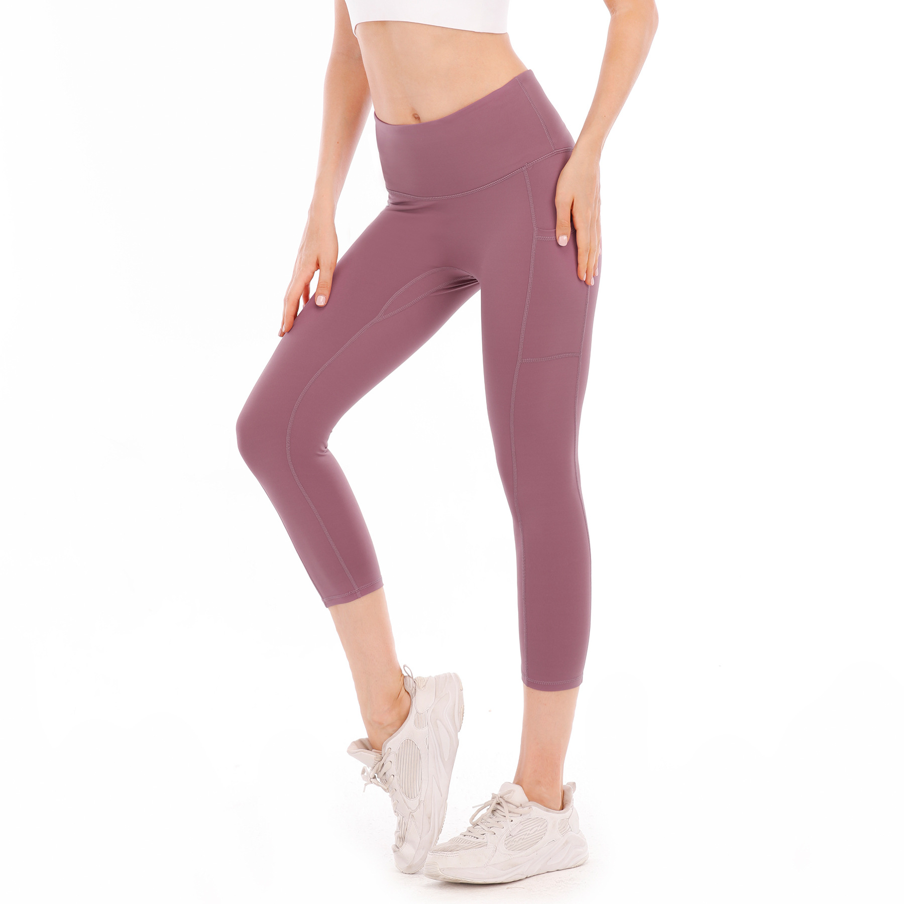 亞馬遜基本款雙袋無尷尬線七分褲跨境歐美大碼口袋瑜伽褲