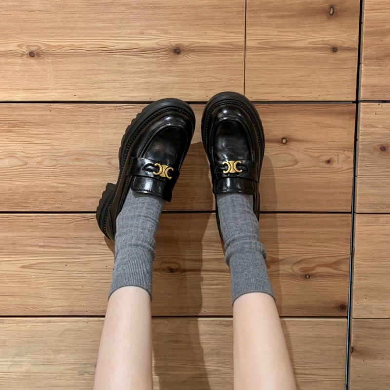 牛皮葡萄妈同款凯旋门金扣一脚蹬懒人真皮厚底乐福鞋女英伦小皮鞋|undefined