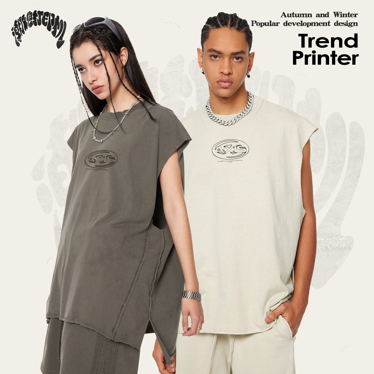 2025 marca de moda americana impresión de bordes sueltos camiseta sin mangas Batik hacer viejo lavado con agua pequeño cuello suelto chaleco de hombro para hombres image 3