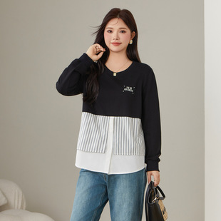 Caiduobao Plus Size Women's Clothing Fat mm 2025 Spring New Round Neck Stripesd Hem Design Top Ecz2529