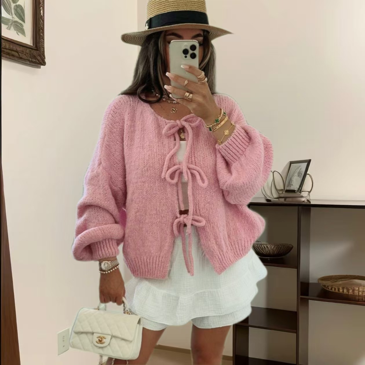 Round Neck Lace-Up Knitted Cardigan European and American Cross-Border Autumn and Winter New Pure Color Work Clothing Simple Thick Knitted Sweater Jacket for Women