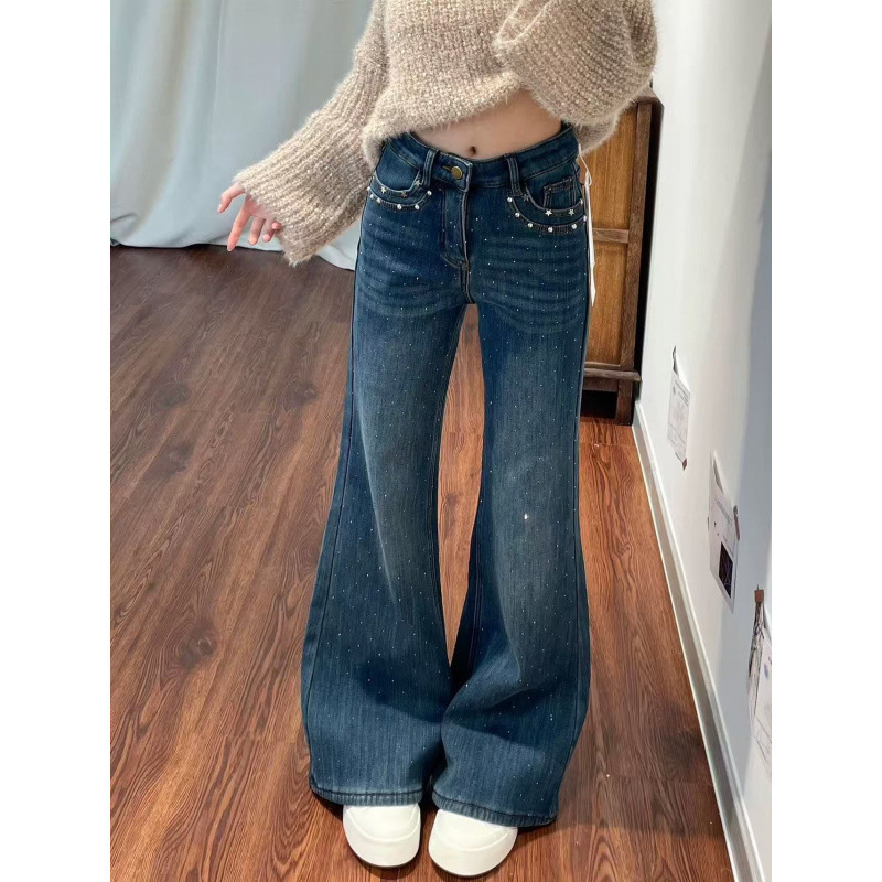 Ruoxin Starry Sky Rhinestone Flared Jeans for Women 2026 Spring/Summer New High-Waisted Slimming Loose Flare Pants