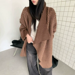 2026新款双面高级羊毛大衣女立领中长款秋冬宽松韩版气质格子外套