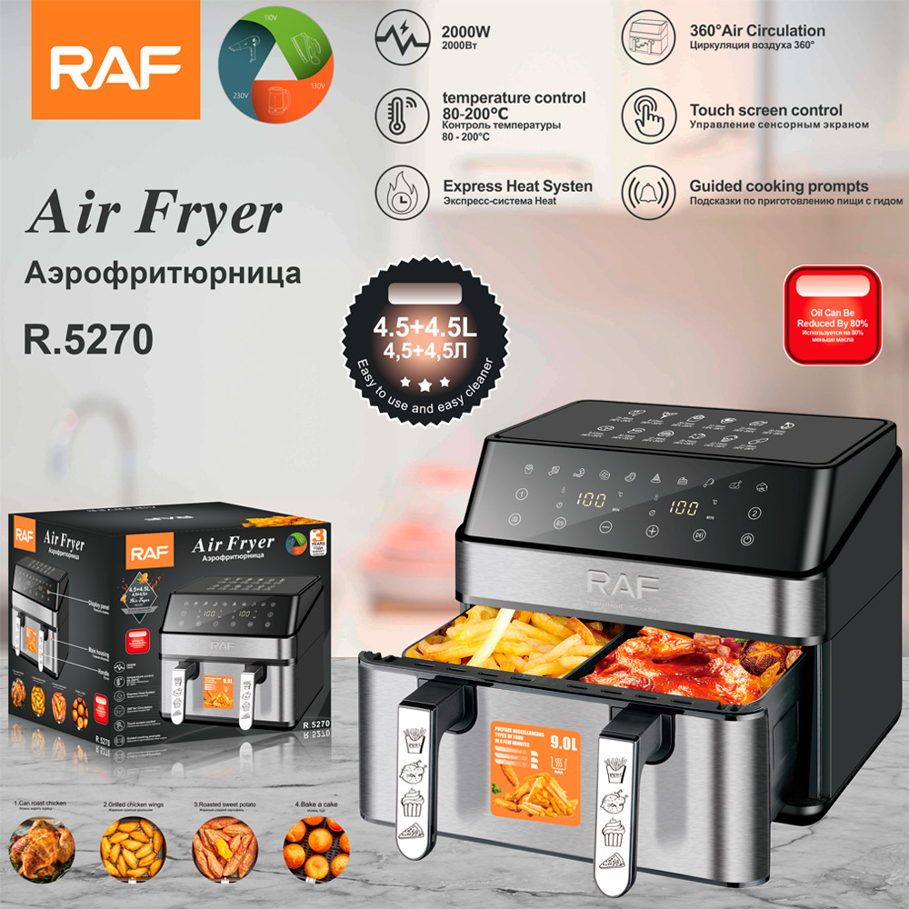 RAF Cross-border Air Fryer Double-pot European-scale Large-capacity Multifunctional Fume-free Touch Screen 9L Household Electric Fryer