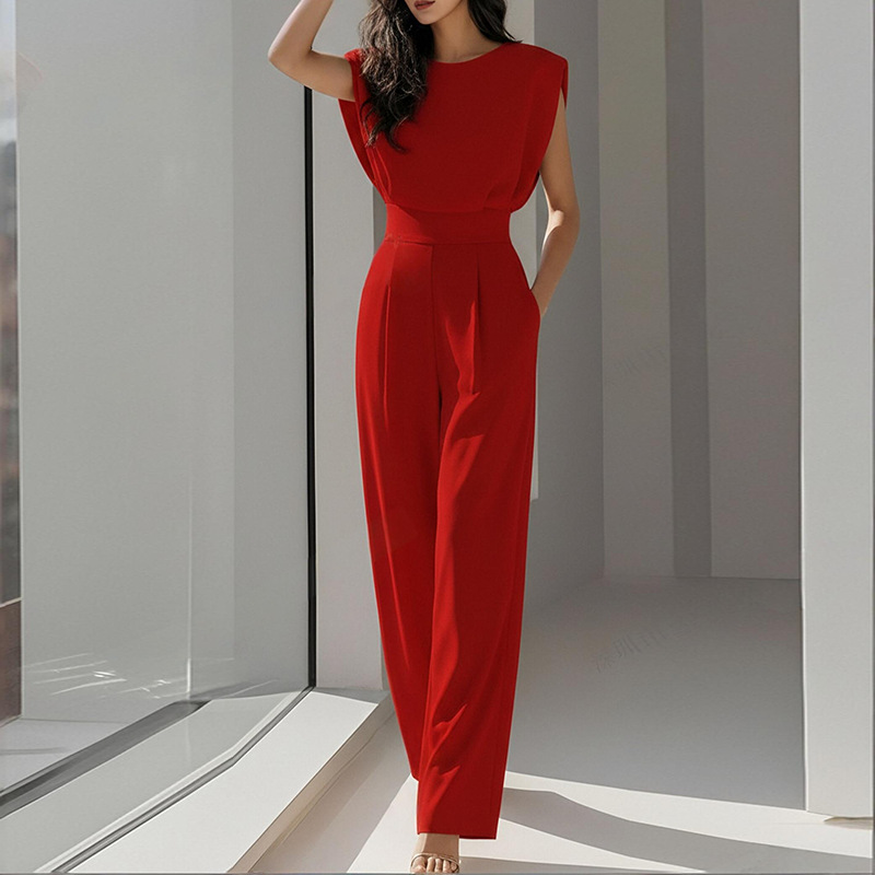 2026 Spring New Women's Clothing, Fashion Casual Commuter Solid Color Crew Neck Pleated Jumpsuit_ecoleips.com
