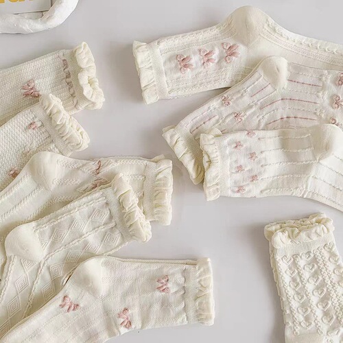 White lace edge knee-high socks, summer thin item, INS style JK cute sweet Japanese style 100% cotton bow tie wholesale