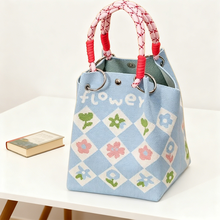 Floral Knit Ring Handle Structured Bucket Tote Bag 35