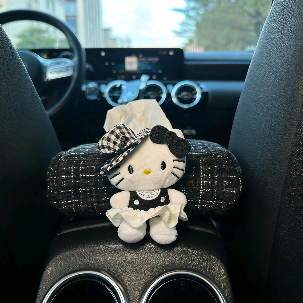 Chanel-Style Hello Kitty Car Tissue Box for Girls, Car Dashboard Armrest Tissue Holder, Car Doll Tissue Box