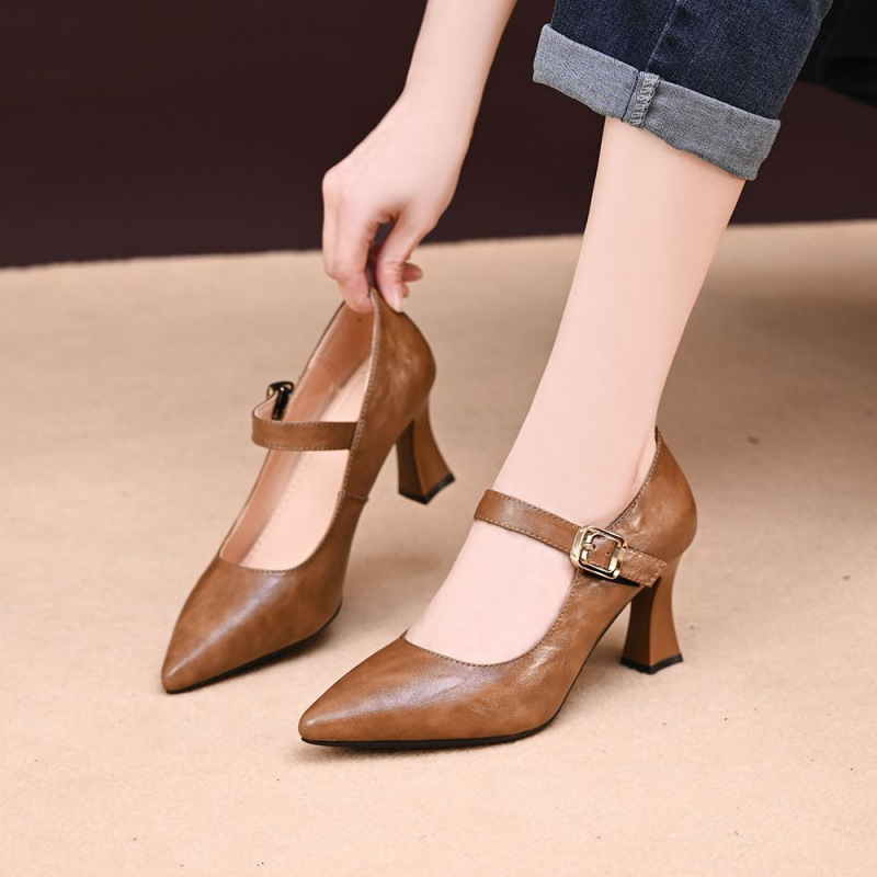 【Foreign Trade Cross-Border】Shallow Pointed Toe Platform Work High Heels for Women 2025 Spring New Style Comfortable Chunky Heel Shoes