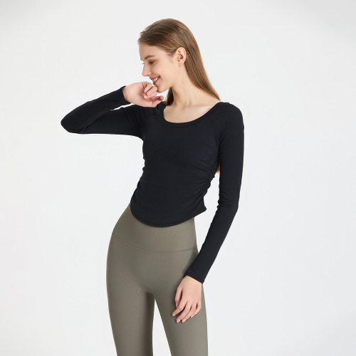 Women's European and American Cross-border Folded Nudie Yoga Top Quick-Drying Fitness Top High-Elastic Tight Sports Long Sleeve