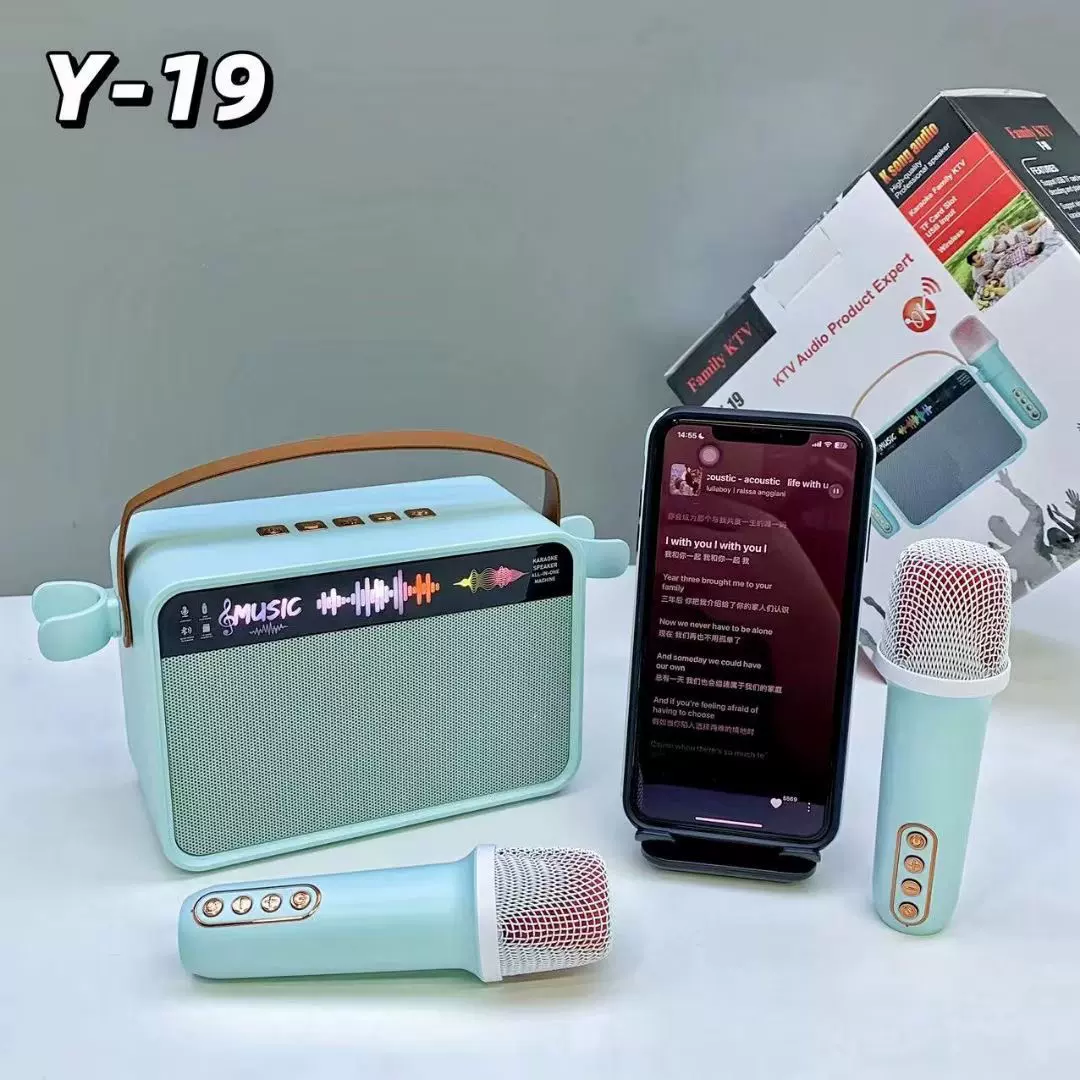 跨境新款Y-19无线蓝牙音箱户外便捷式麦克风K歌一体音响家庭套装