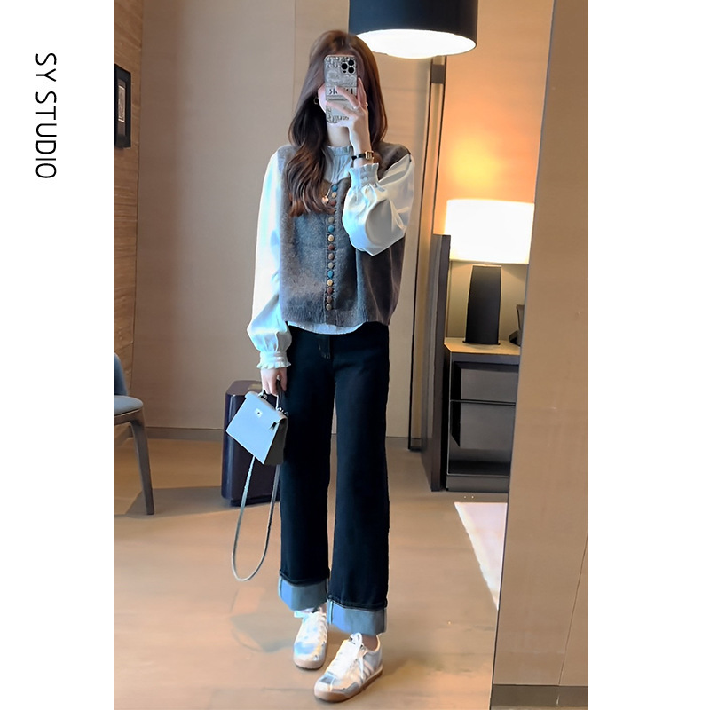 秋装女2025年新款时尚套装法式设计感长袖衬衫针织马甲阔腿牛仔裤|undefined