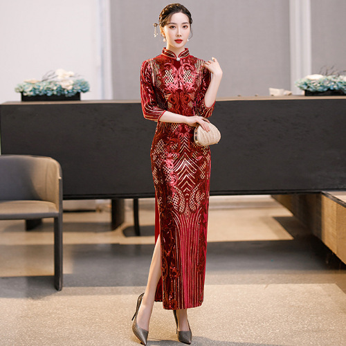 Women chinese dresses oriental qipao dresses velvet sequined wedding party cheongsam catwalk miss etiquette show dresses host singers performance cheongsam