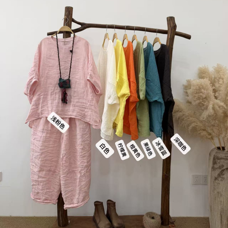 New 2026 Round-Neck Artistic Style Linen Ribbed Collar Shirt, Simple and Versatile Loose Linen Shirt with a Relaxed Style