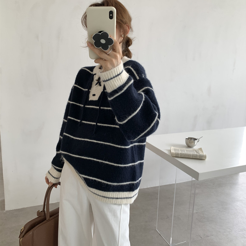秋冬新款毛衣女2025韩系撞色条纹休闲手工穿绳慵懒风系带针织上衣|undefined