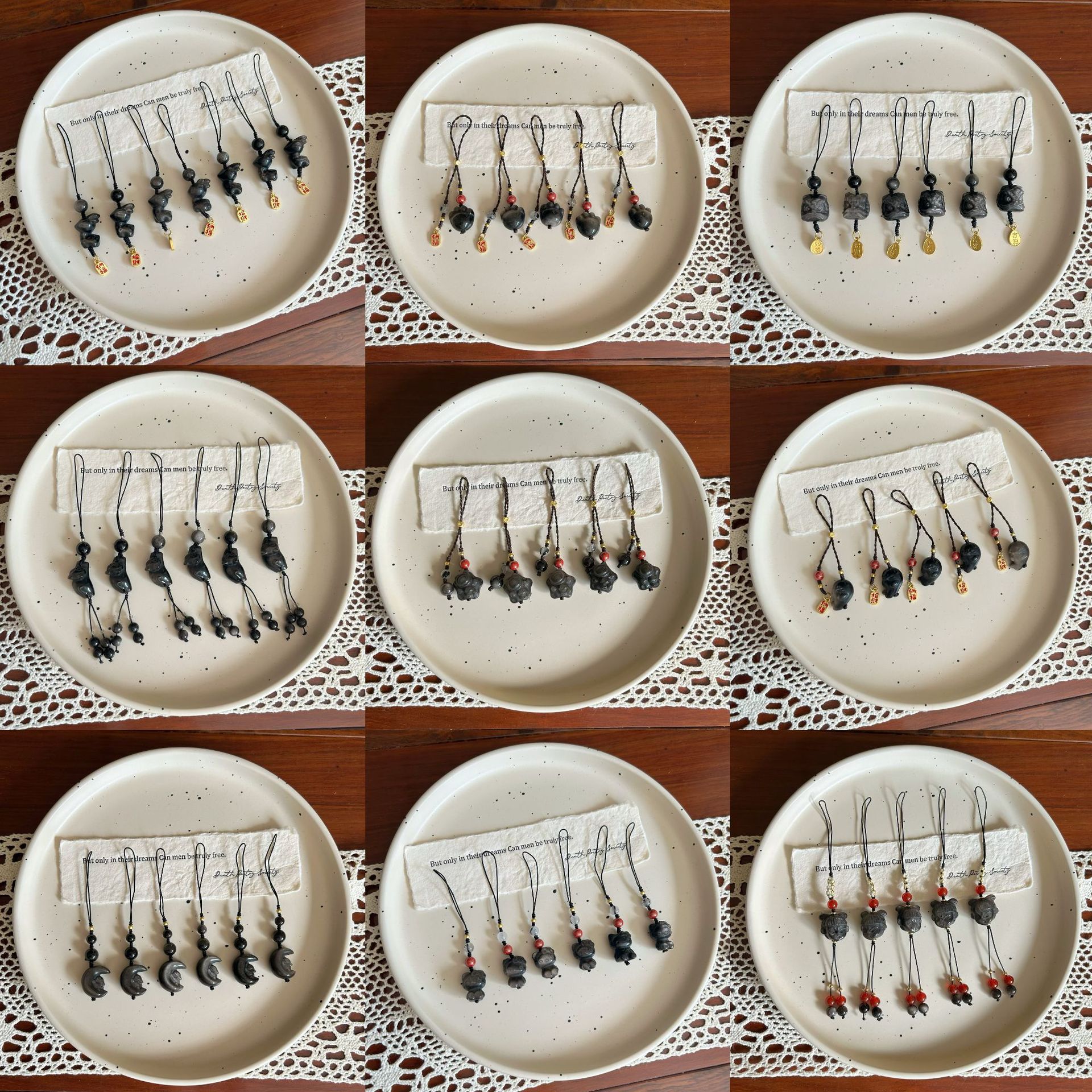 Live Supply of Natural Obsidian Cartoon Bear Nezha Bag Hanging Mobile Phone Chain Keychain Ethnic Style Hand-Woven