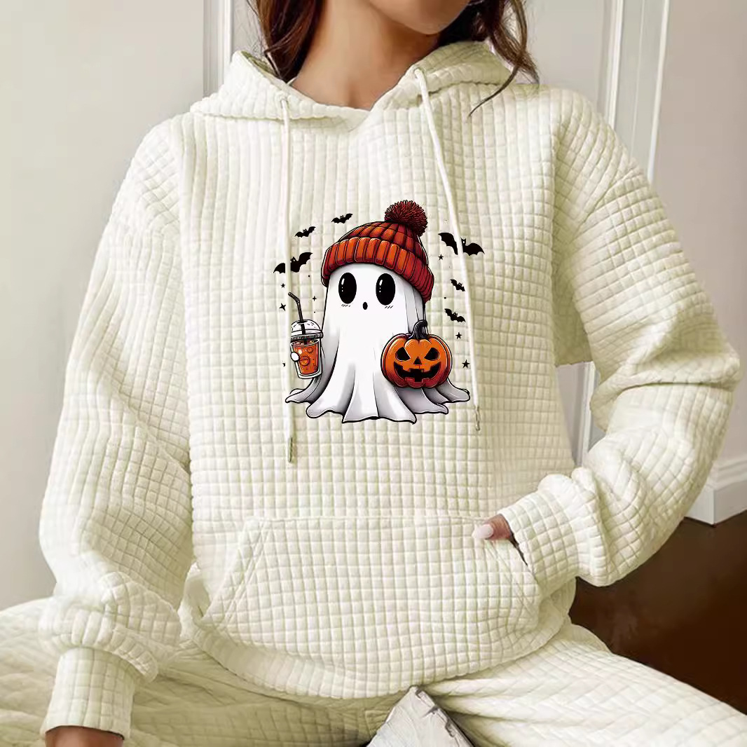 Sudadera de manga larga con capucha tipo gofre para mujer, estilo otoño/invierno, con estampado de Halloween, corte holgado, talla europea._voghion.com