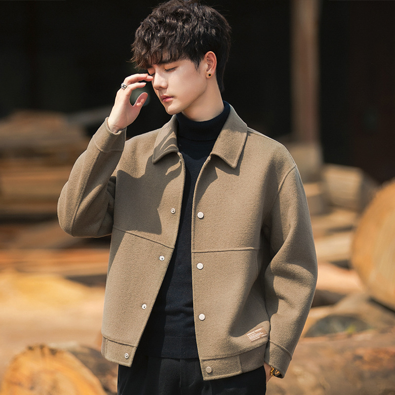 22A01 Men's Double-sided Tweed Jacket New Fashionable Thickened Wool Short Cashmere Jacket Autumn and Winter Casual