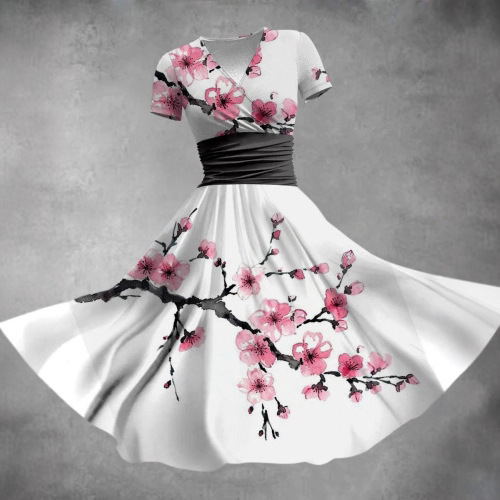 Cross-Border Women's Clothing 25 Years Summer New Digital Printing Simple Short-Sleeved Dress Long Dress Export Can Be Wholesaled Starting from One Piece