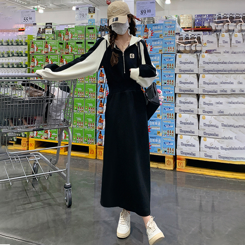 高级感气质收腰显瘦长袖连衣裙春季新款休闲百搭减龄撞色连帽长裙|undefined