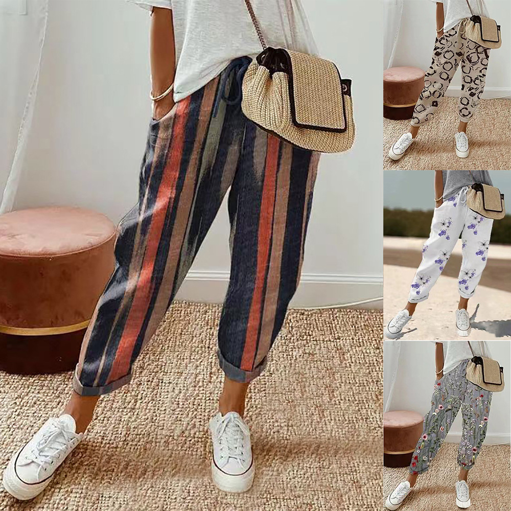 2023 Amazon ebay Cross-border wish Foreign Trade Independent Station Women's Printed Cotton and Linen Casual Women's Pants Trousers
