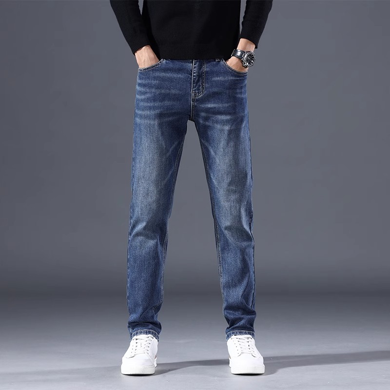 De alta gama de algodón puro 2025 nuevos jeans para hombres primavera y otoño nuevos pantalones largos elásticos azules retro sueltos rectos para hombres