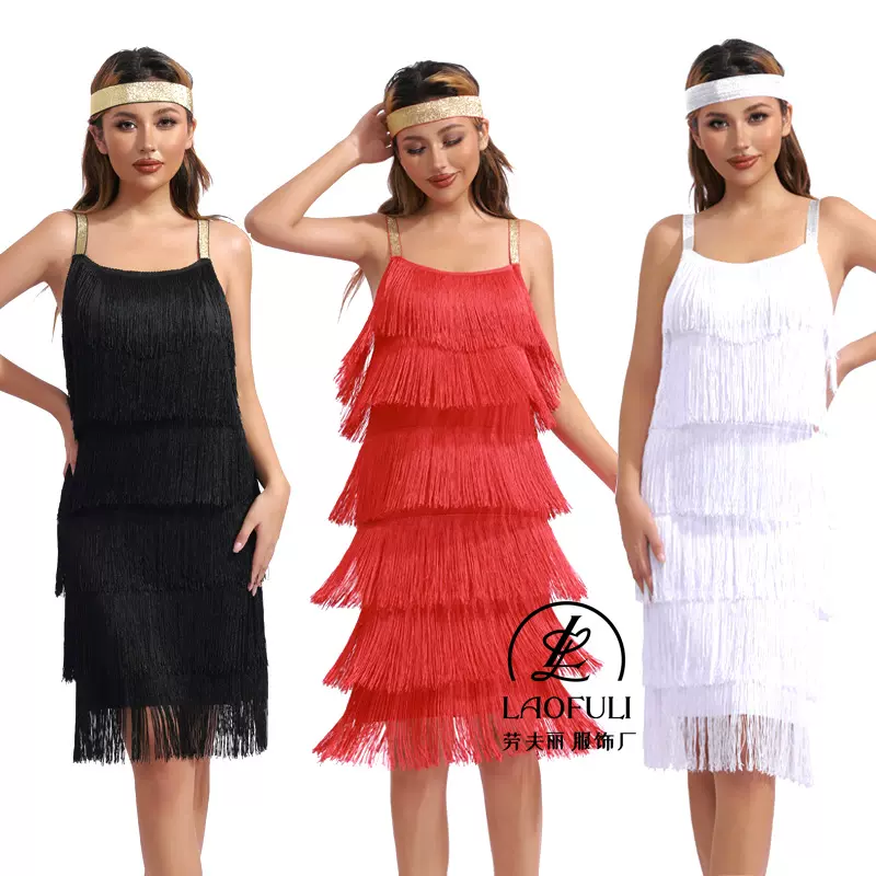 2021chic风拼接流苏无袖A字裙子连衣裙女亚马逊复古连衣裙现货