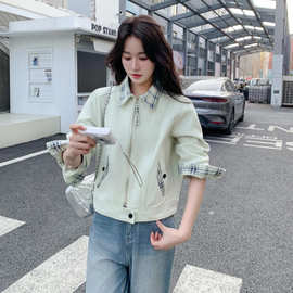 2026春新款女装格纹拼接时尚翻领拼接夹克学院风宽松简约外套908