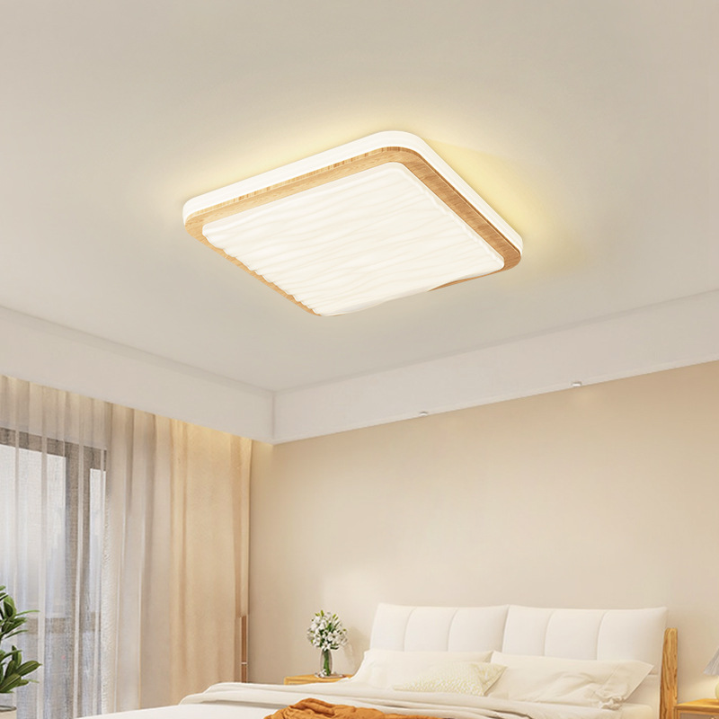 Luz principal de la sala de estar de viento crema moderna simple madera rectangular lámpara de techo de espectro completo lámpara de dormitorio de protección de ojos