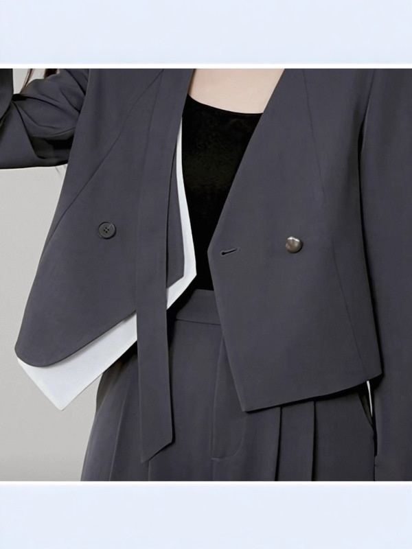 假两件设计感西装套装女2025秋季新款撞色拼接小西服阔腿裤两件套|undefined