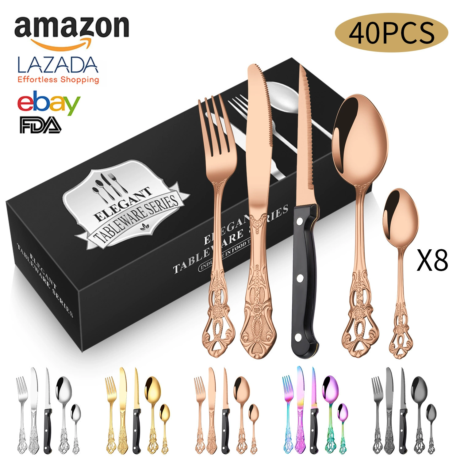 Столовые приборы из нержавеющей стали, набор, 40 предметов, Amazon