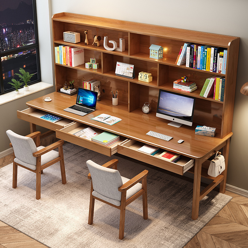 Modern Solid Wood Double Desk with Bookshelf Integrated Writing Desk Student Simple Home Computer Desk Study Desk with Bookcase
