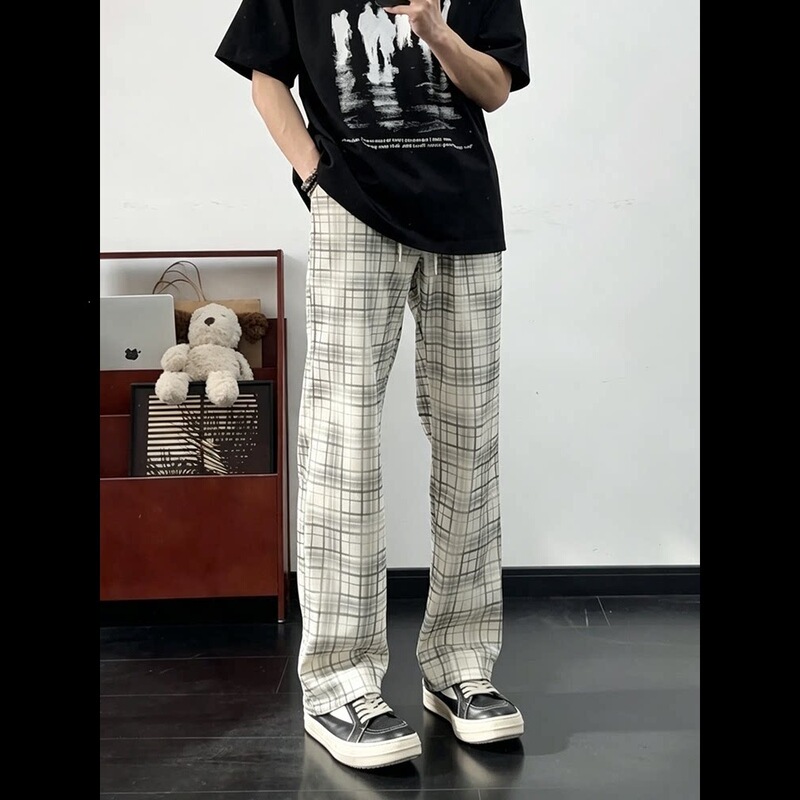 Vintage American-style casual plaid pants for men, summer thin loose-fitting straight-leg slightly flared casual pants