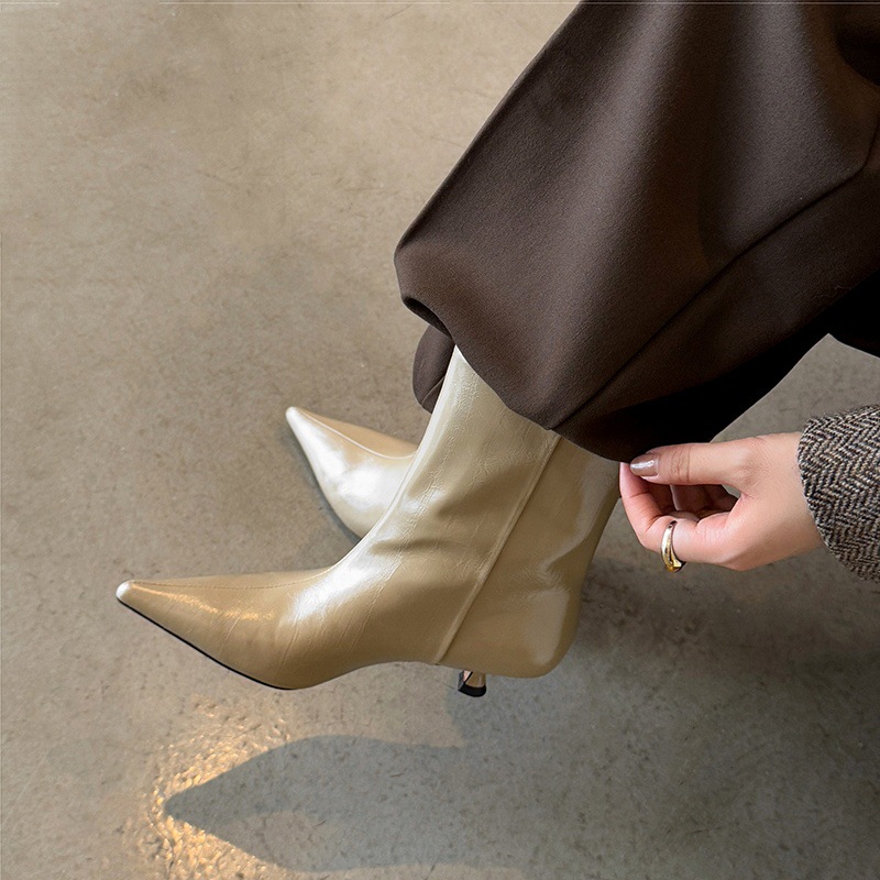 头层牛皮中筒靴女细跟中跟单靴秋新款真皮尖头纯色套筒宽筒骑士靴