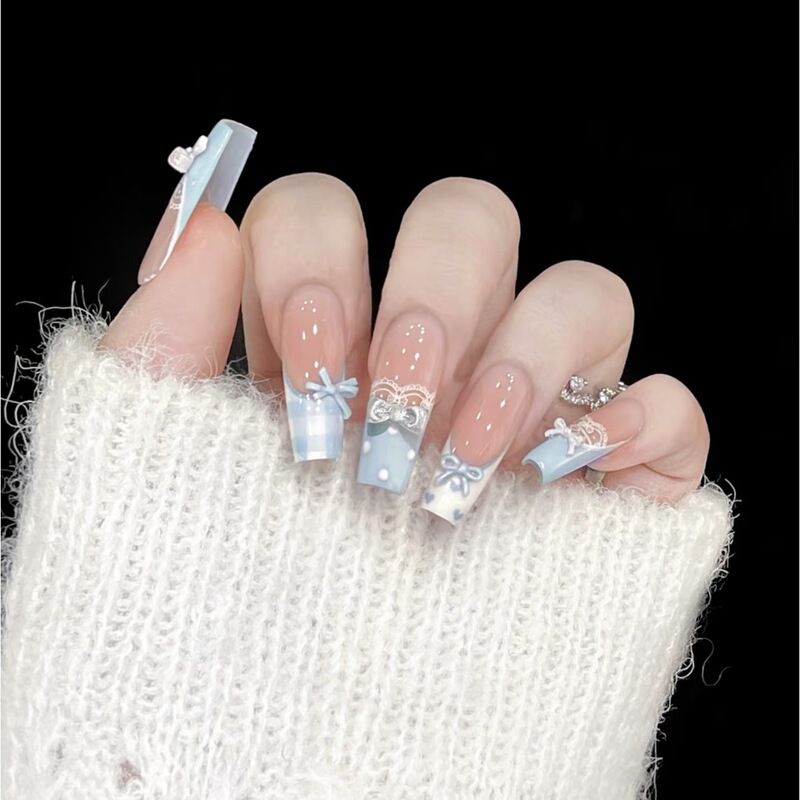 Summer Oxygen-Like Korean-Style Low-Saturation Milk Blue Wearable Nail Stickers with Bowknot for a Girly Vibe, Instagram-Worthy Nail Patches