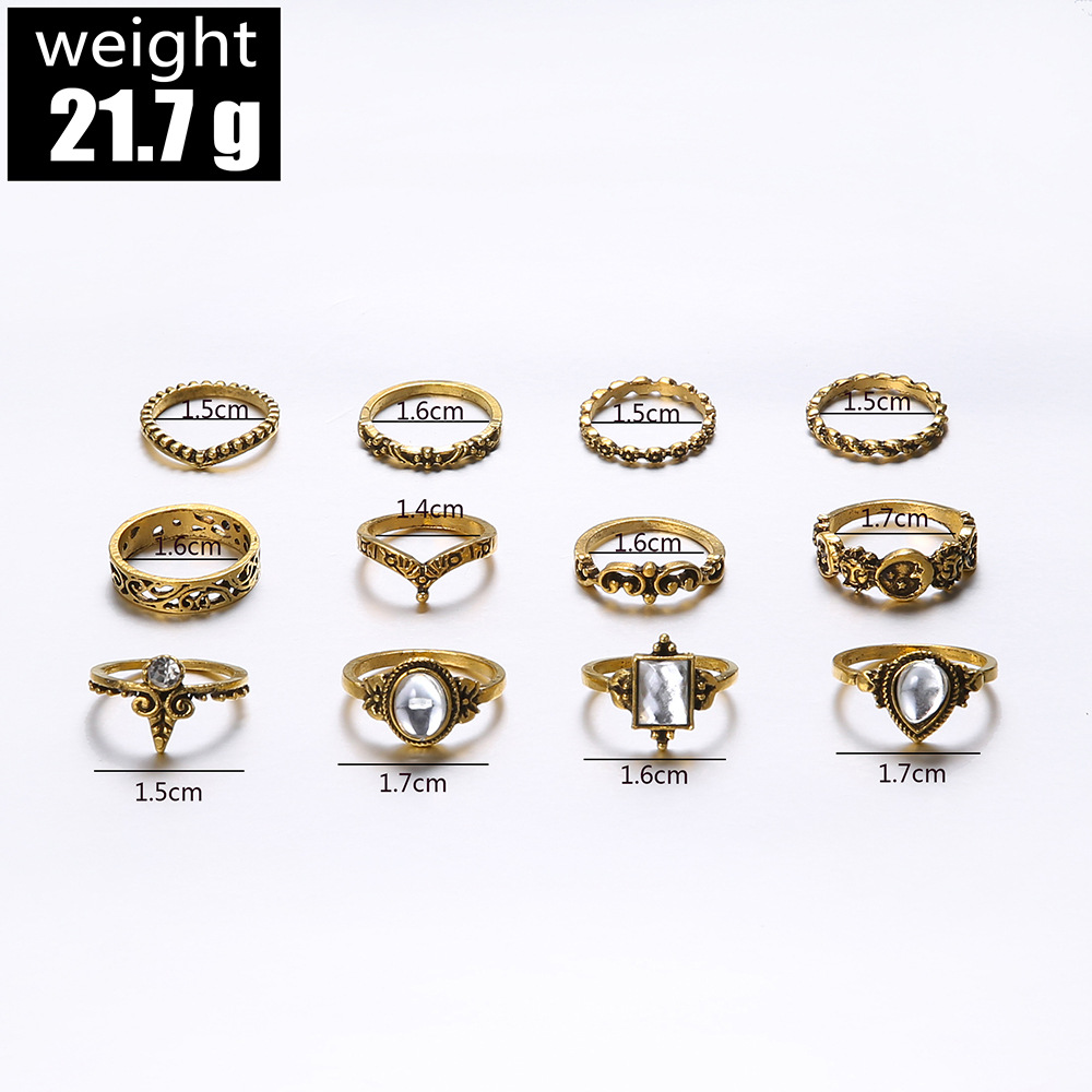 Retro Hollow Inlaid Rhinestone Opal Geometric Ring 12-piece Set Wholesale Nihaojewelry display picture 1