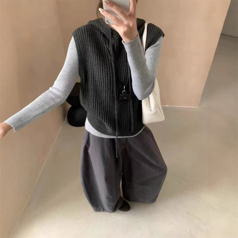 2025秋冬连帽针织马甲新款女短款外穿宽松坎肩无袖毛衣外套上衣|undefined