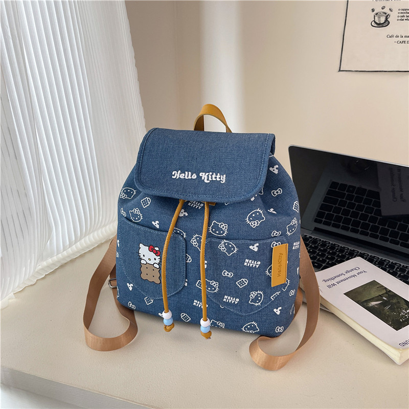 New Large-Capacity Denim Print Backpack for Women Korean Style Trendy Cute Cartoon Biscuit Kt Cat Bucket Style Backpack