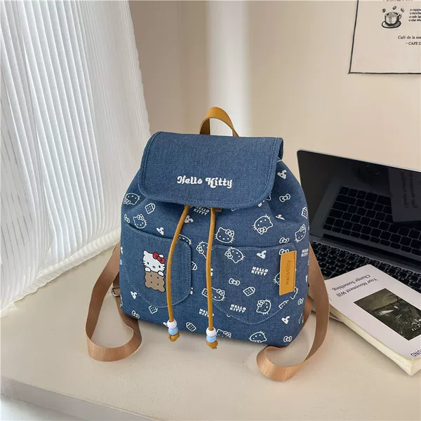 New Large-Capacity Denim Print Backpack for Women Korean Style Trendy Cute Cartoon Biscuit Kt Cat Bucket Style Backpack
