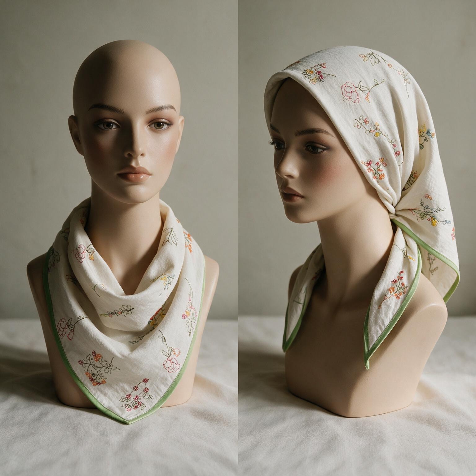 European and American Fresh Pastoral Style Embroidered Headscarf, White Cotton Floral Triangle Scarf, Hand-Embroidered Breathable Headscarf