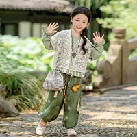 Костюм Hanfu для девочек Jasmine National Wind 2024 Новый новый детский новый китайский вышивка Национальный стиль набор из трех частей