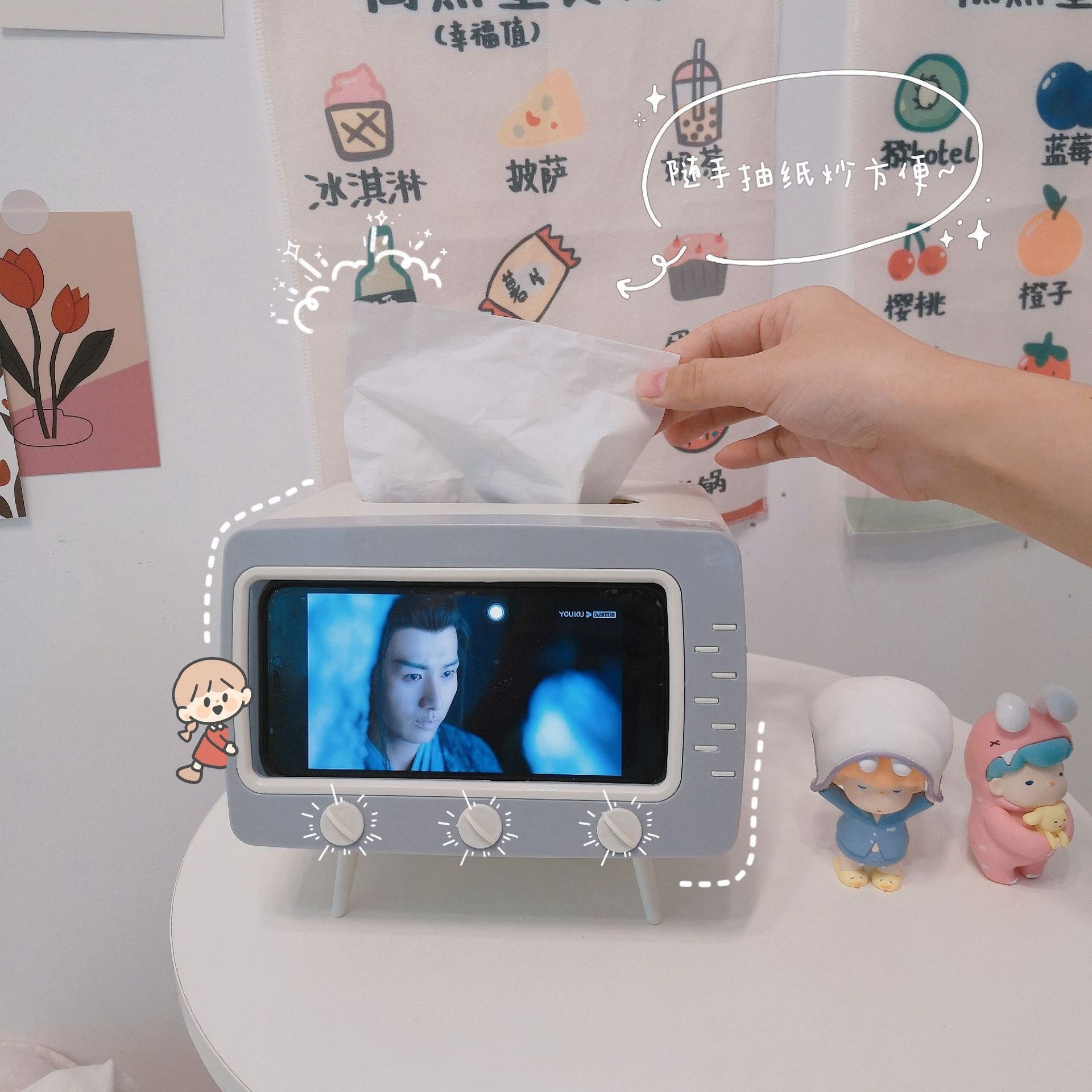 Creativa caja de pañuelos de TV soporte para teléfono móvil servilleta de tejido de almacenamiento decoración sala de estar lindo estante de almacenamiento de dibujos animados