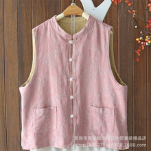 秋季新品提花棉麻双层马甲女装对襟扣子外套