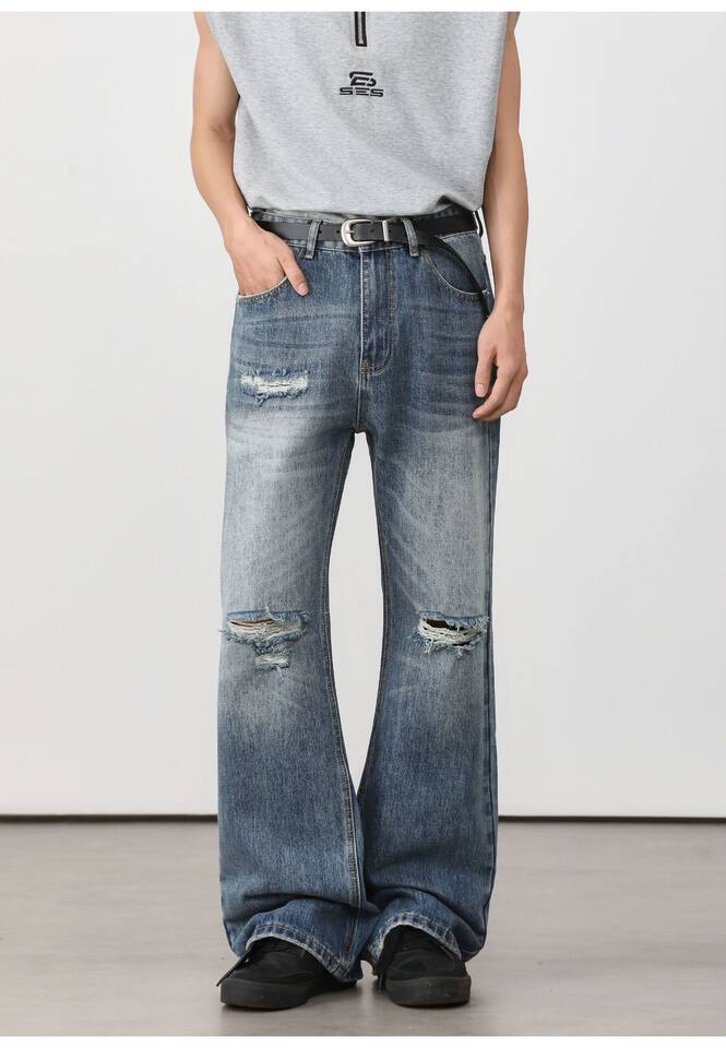 Quần jean nam ống loe nhẹ rách gối phong cách retro, dáng rộng ống suông tôn dáng, quần dài casual — Xanh nhạt, Xanh đậm chi tiết 19