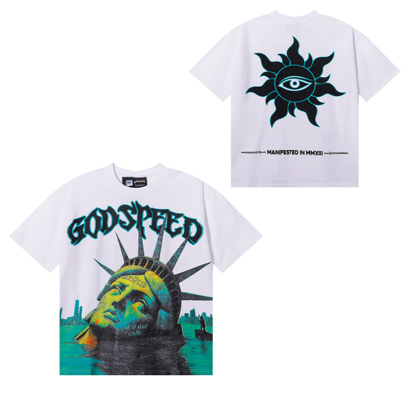 夏新作 Godspeed アメリカのハイストリートファッションブランド スカルロック ペアレタープリント 半袖Tシャツ メンズ|undefined
