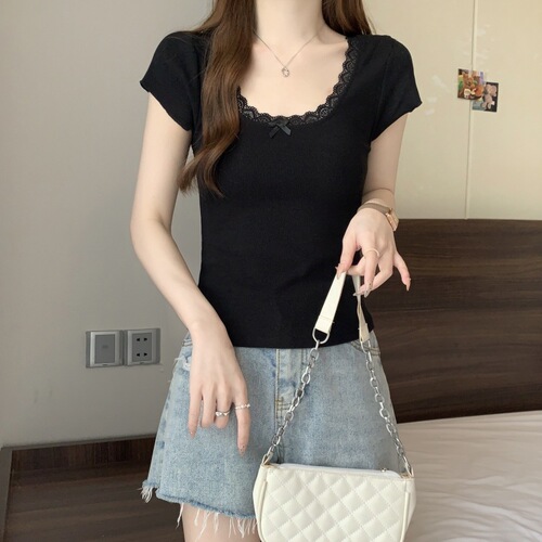 92% Cotton Off-Shoulder Short-Sleeve T-Shirt for Petite Women: Summer, Slim-Fit, Short-Length Top with Delicate Lace Bow—A Classy, Gentle, and Elegant Style