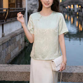 双色夏季新款醋酸花螺小衫复古新中式国风圆领斜襟原创改良款上衣