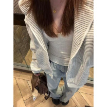 仿棉华棉复合撞色条纹连帽卫衣女韩系复古2025新款秋冬季宽松外套