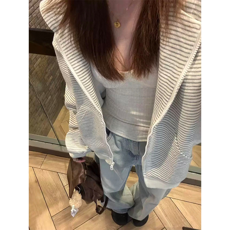 仿棉华棉复合撞色条纹连帽卫衣女韩系复古2025新款秋冬季宽松外套